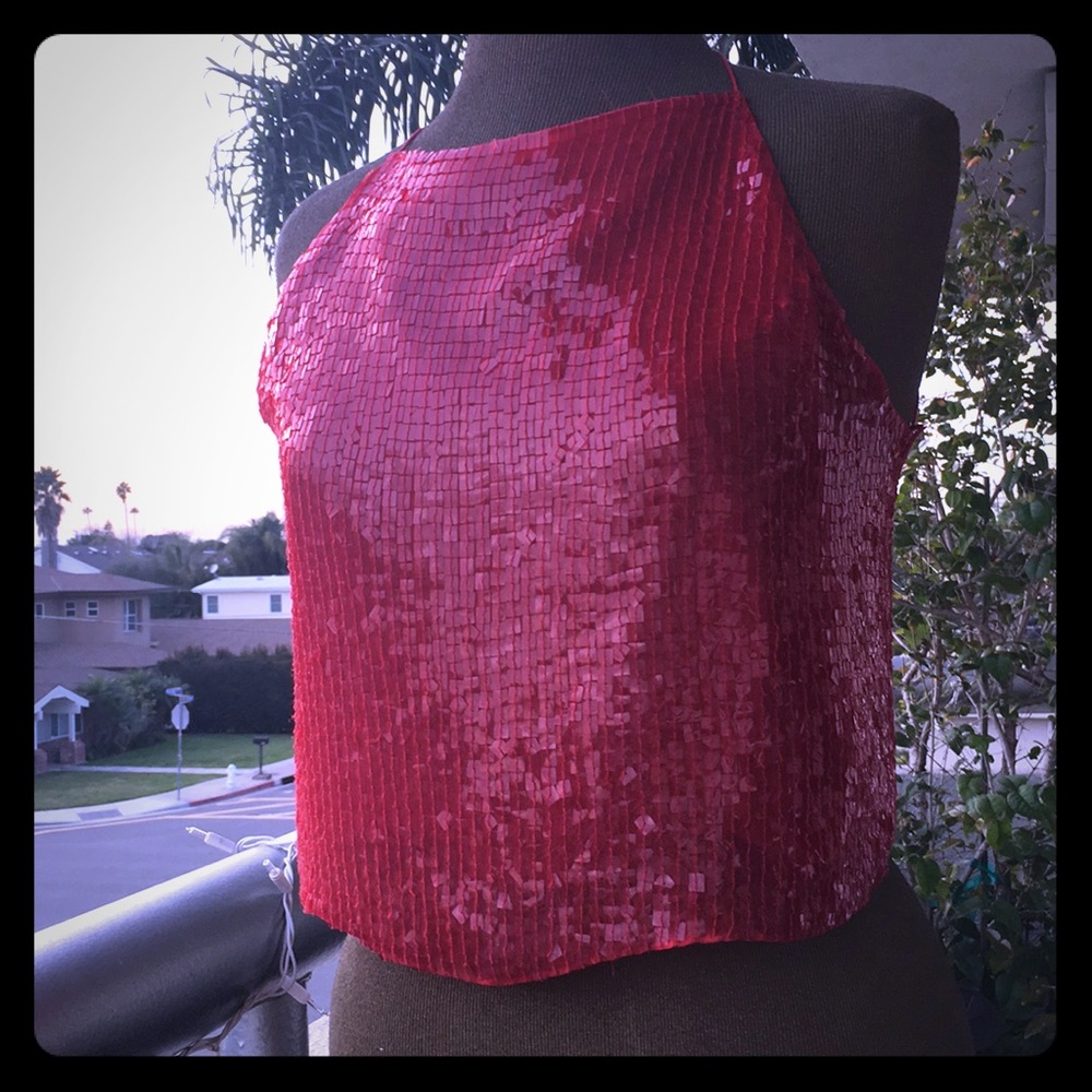 DKNY Sequins crop top Red silk tie back